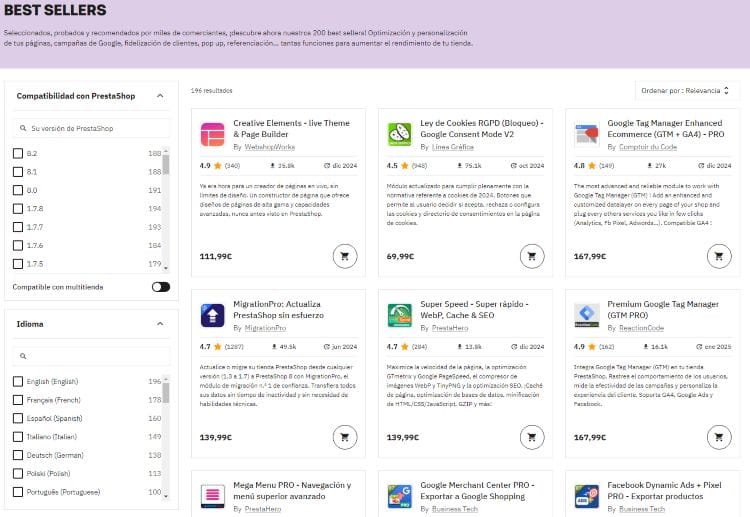 screenshot de los módulos más descargados de prestashop